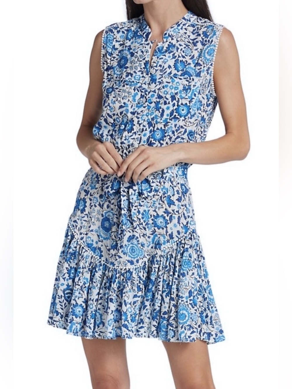 NEW! Poupette St Barth Felicia Mini Dress Blue White Floral Tie Waist Size M